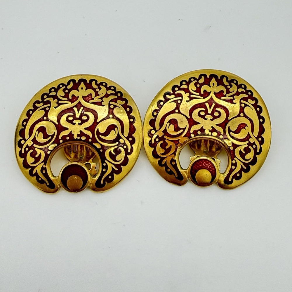 Vtg 80s MMA Cloisonne Mughal earrings Large Gold Tone Red Enamel Clip 1-1/4"